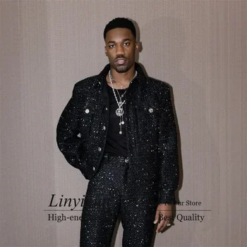 Abito da sposa da uomo con paillettes scintillanti Colletto Stanrd Smoking da sposo personalizzato Blazer da ballo maschile Set da 2 pezzi Costume da sposo Homme