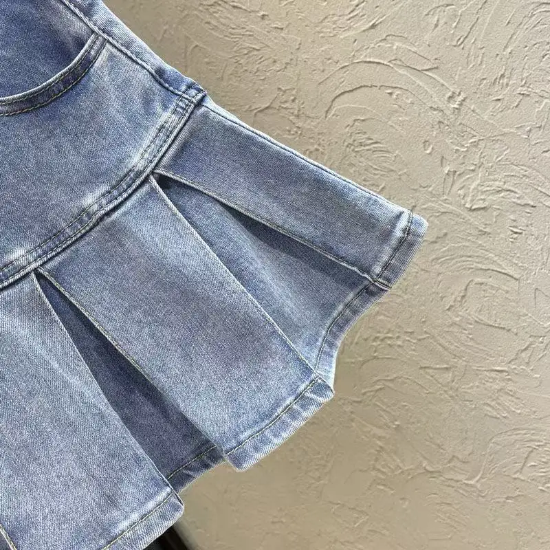 Girls' High Waisted Pleated Skirt Girls' Denim Short Skirt 2025 New Style Spicy and Stylish Half Skirt