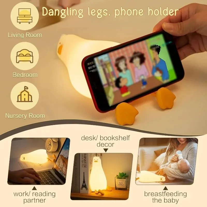 Touch Control Duck Night Light LED Rechargeable Silicone Cartoon Clap Lamp for Bedroom Bedside Decor Children Kids Gift