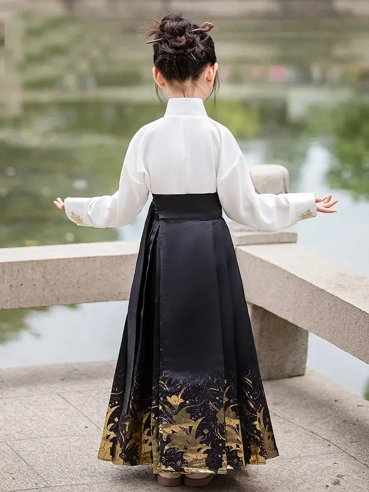 Kids Hanfu Girls Vintage Chinese Traditional Horse-face Skirt Hanfu Set Children Dance Wear Photography Perform Clothes Cosplay