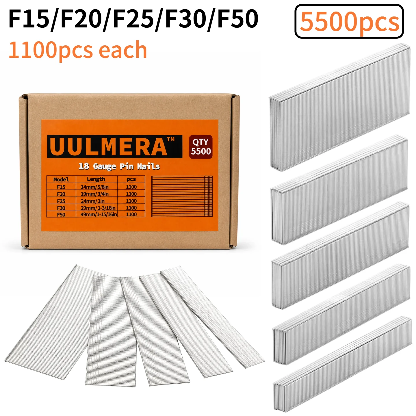 5500PCS 18 Gauge Brad Nails,5 Sizes : F15/F20/F25/F30/F50 Galvanized Nail Gun Nails for Pneumatic, Electric Brad Nailer Gun