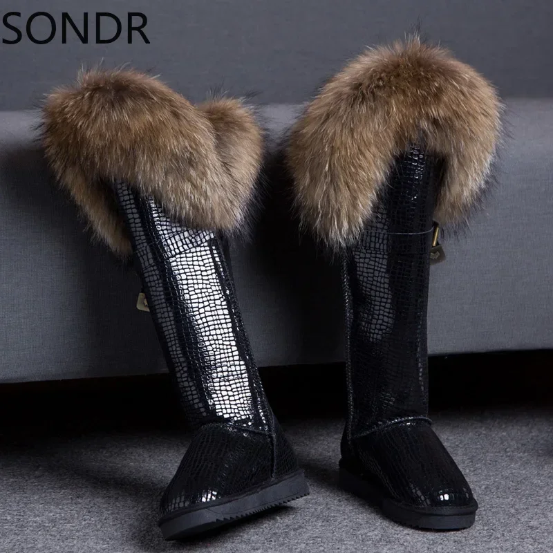 Womens Winter Snow Warm Fur Lining Real Fox Fur Trim Real Leather Knee High Boots Thick 12Colors Flats Shoes Australia New 2024