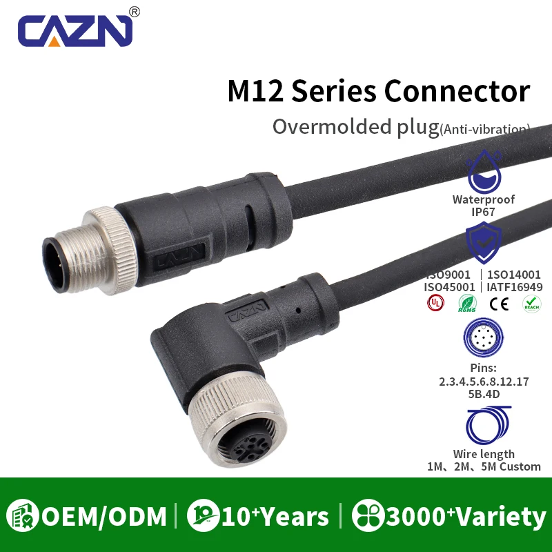 M12 Shielded Overmolded Damping Plug Straight Male Female 2-17 Pin 1/2/5m PVC PUR IP67 for High Vibration & Shock Environments