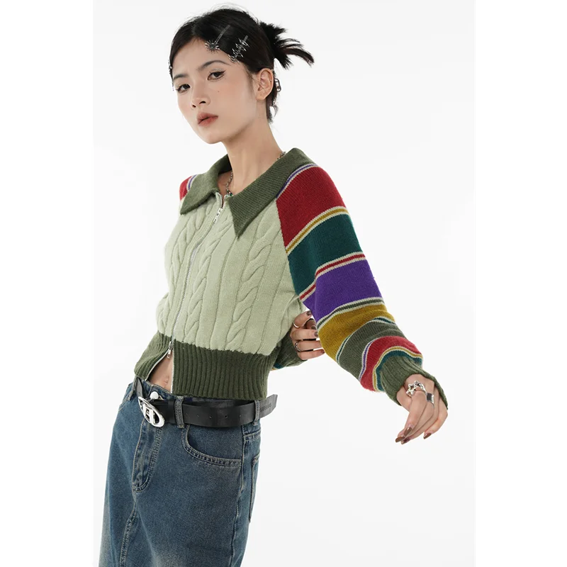 Women Green Stripe Short Sweater POLO Collar Color Contrast Fashion Retro Lazy Wind Winter Long Sleeves Knitting Cardigan Coat