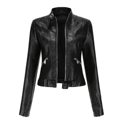 Spring Autumn Stand Collar Ladies Thin Leather Outerwear 2024 New Style Women's Leather Jacket Short Slim Fit