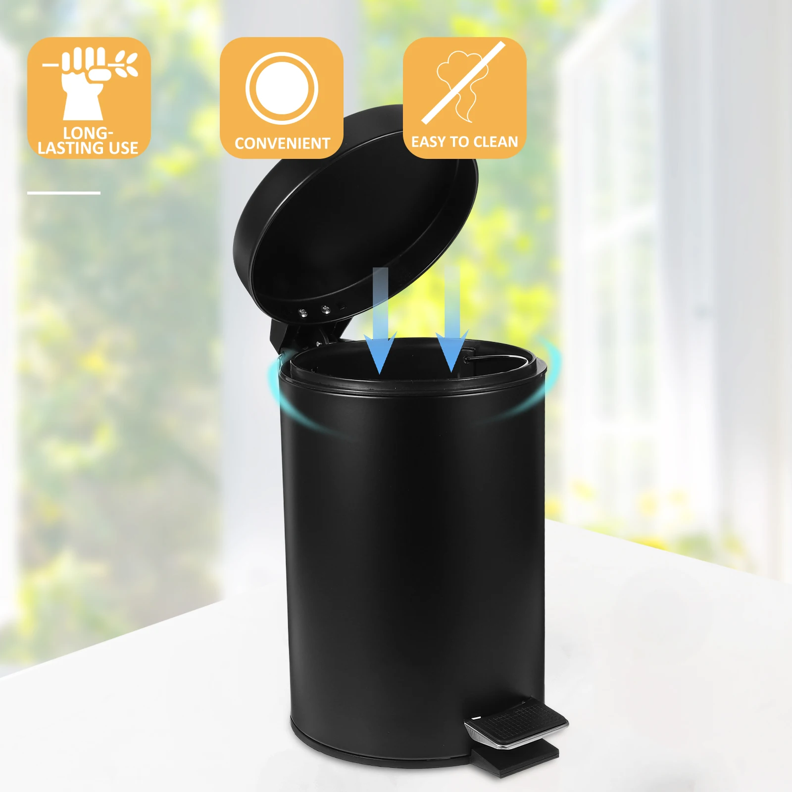 

Pedal Trash Can 3L Black Matte Kitchen Garbage Bin Household Waste Reusable Easy Clean Bedroom Living Room Study