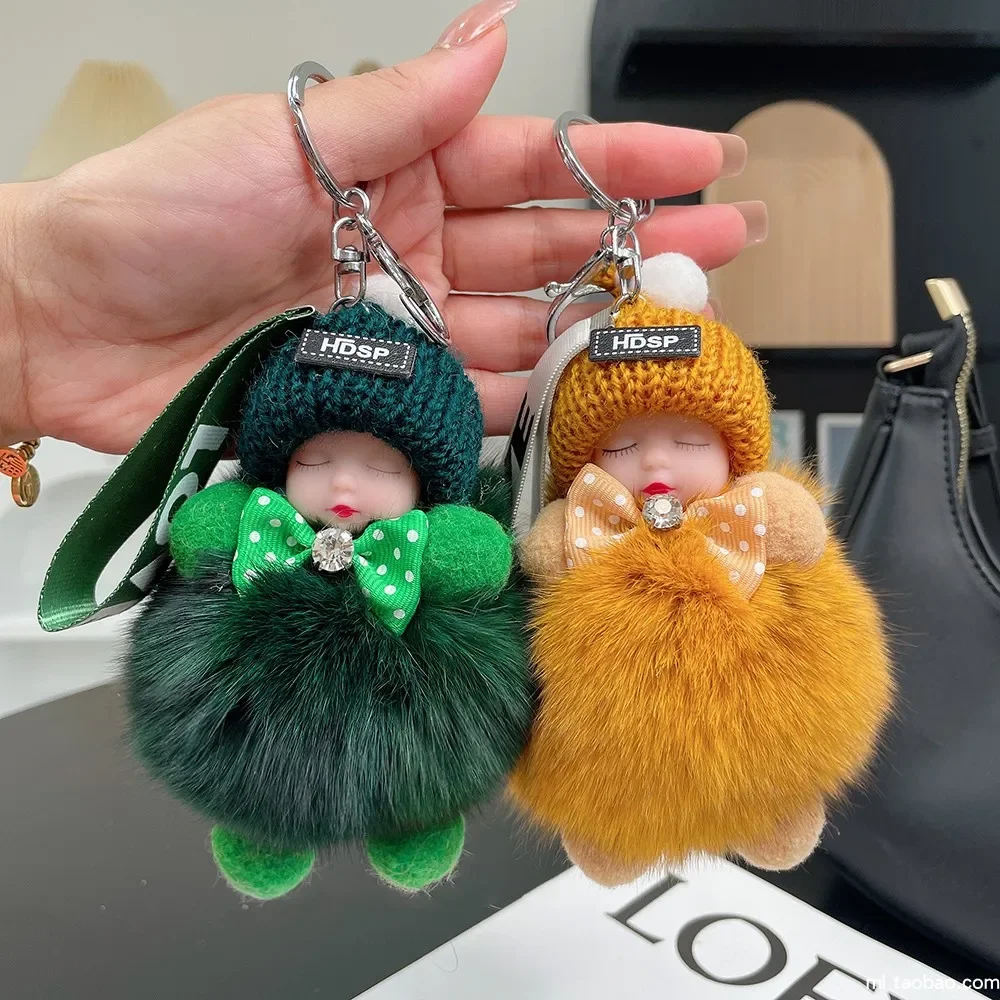 Women Girl Bags Keyrings Fox Fur Pompom Sleeping Baby Keychain Cute Fluffy Plush Doll Keychains Cars Key Ring Gift Charming