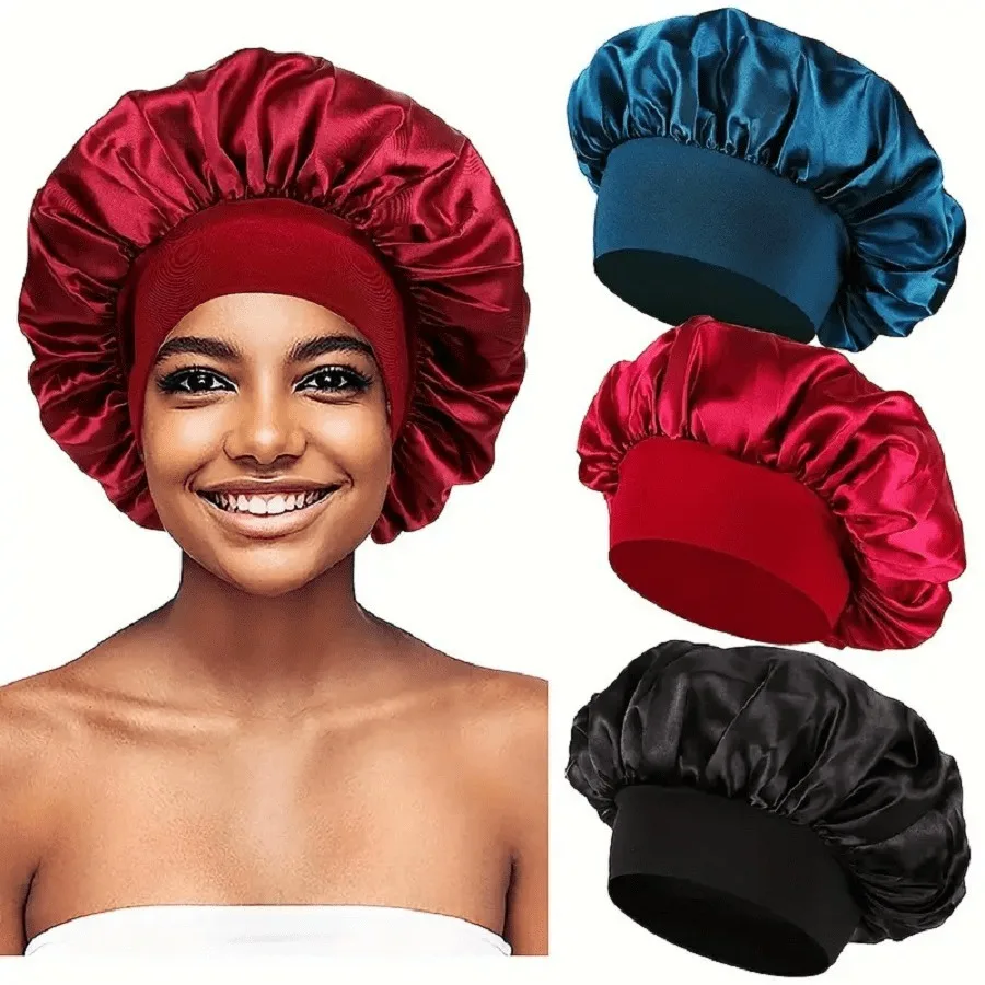 1PC Damskie satynowe czepki z szerokim rondem Nocny kapelusz kąpielowy Unisex Chusta na głowę Elastyczna opaska Czapka do pielęgnacji włosów Bonnet.