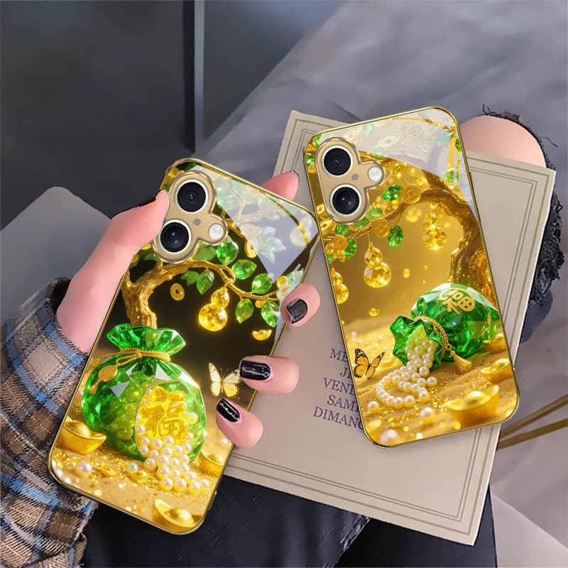 

Green Cute Lucky Bag For iPhone 17 Pro Max 16 16E 15 14 13 Plus 12 mini 11 15Pro 17 Air XR X 17ProMax Golden glass phone case