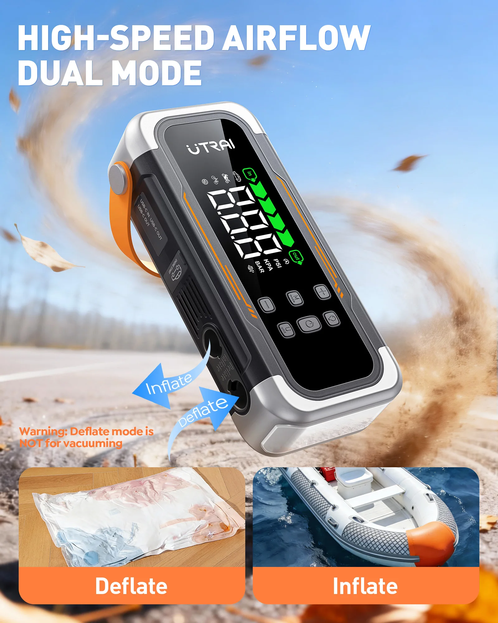 UTRAI 5 in 1 6000A Car Jump Starter 150PSI Air Pump High-Speed Airflow Dual Mode Blower PD30W Power Bank Car Battery Booster