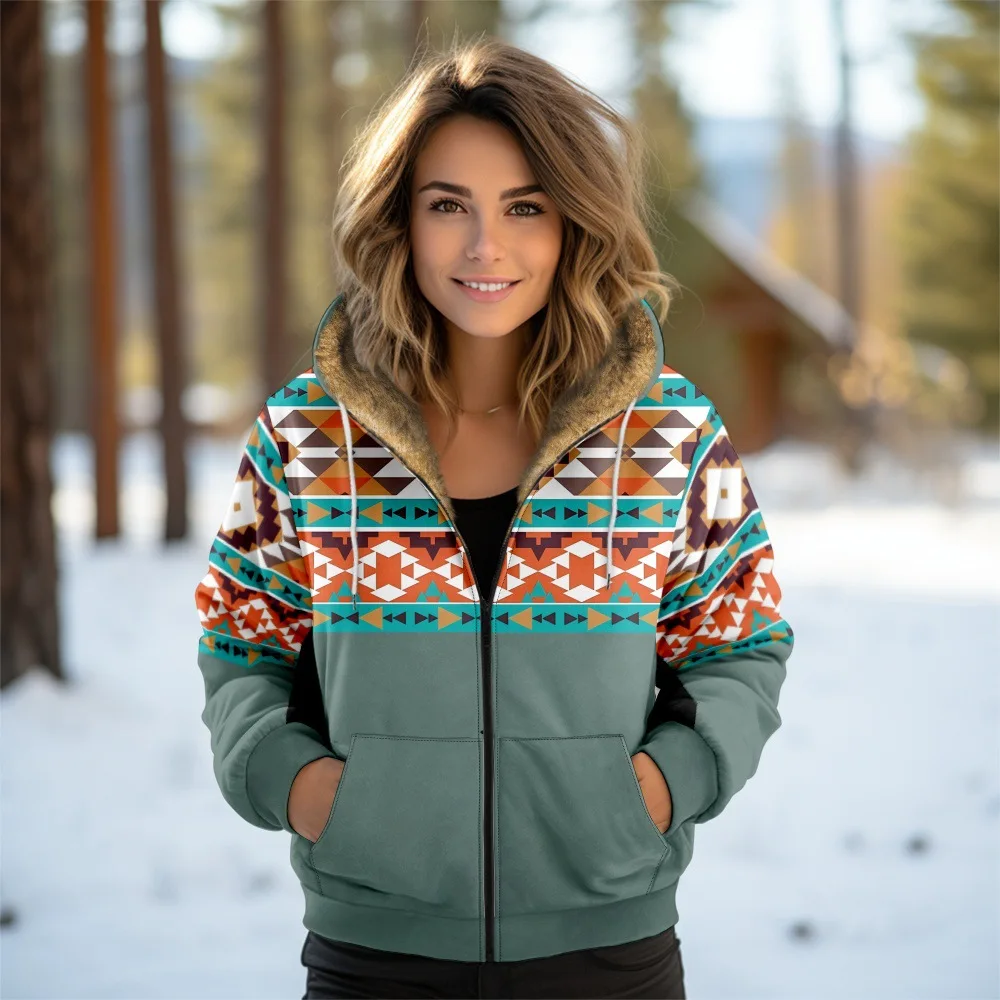 Women Coats Jackets Cardigans Printed Outdoors Aztecs Geometric Graphics Fleece Winter Warm Casual Streetwear Female Clothing