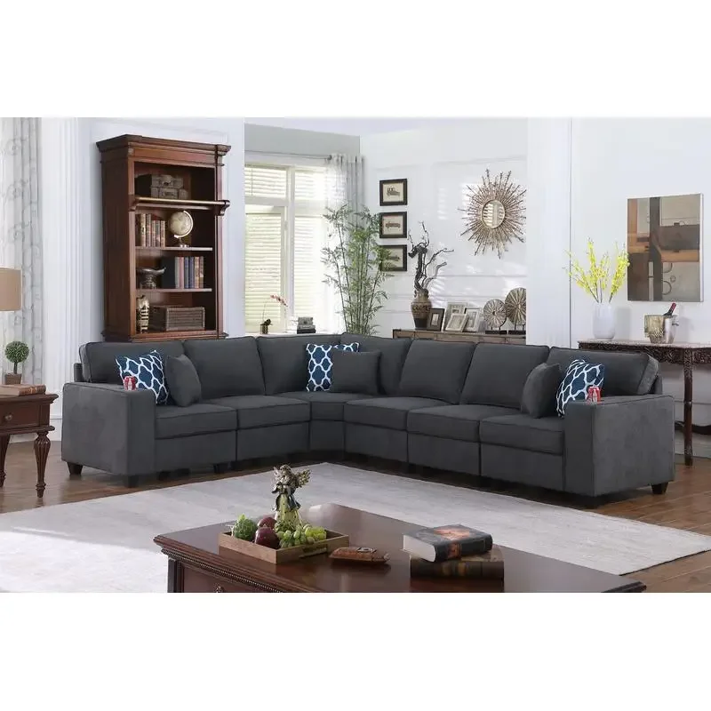 Fabric Reversible L-Shape Sectional Sofa With Cup Holders, 6 Pieces