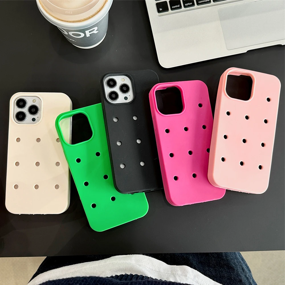 DIY Hole Silicone For Crocs Charms Phone Case For iPhone 16 15 Pro Max 14 13 12 Mini 11 X XR XS 7 8 Breathable Matte Soft Cover