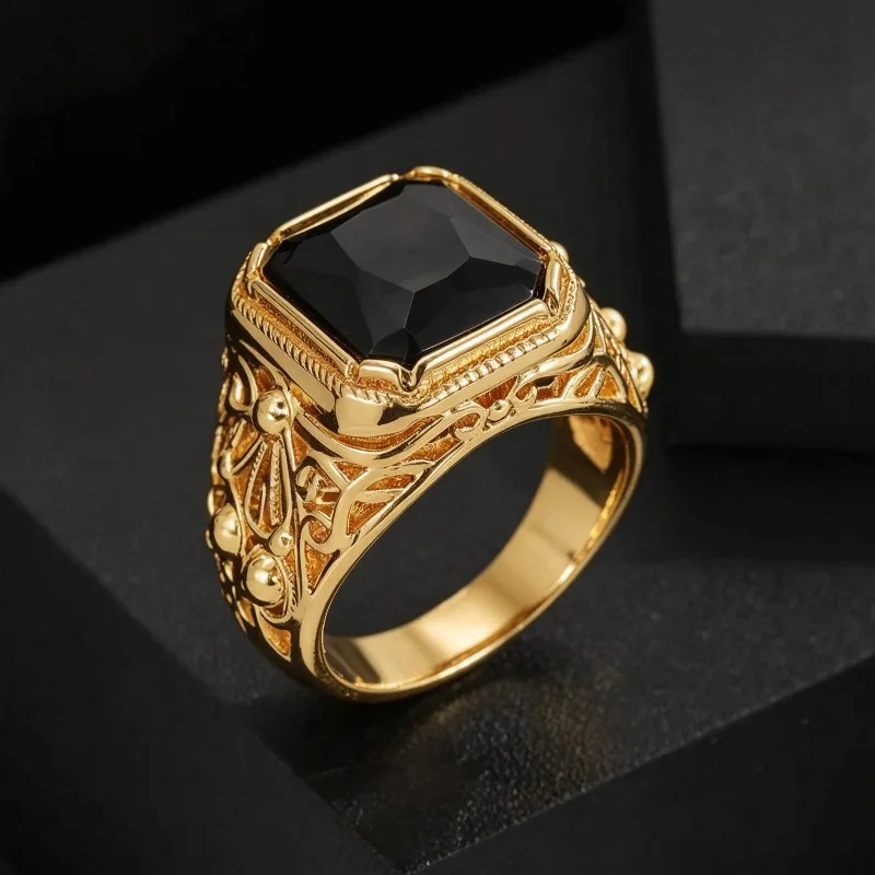 Jianjie Vintage Carved Pattern Domineering Mens Rings Black Square Zircon Gold Tone Personality Fashion Jewelry Accessories