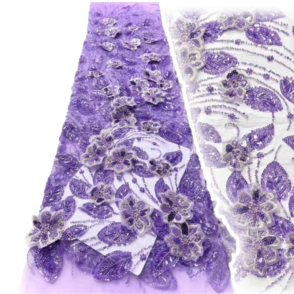 

2025 Fashion Wedding Dress Sewing Orange French Sequin Tulle Lace Fabric High Quality African Nigerian Beaded Lace Fabric SZ1655