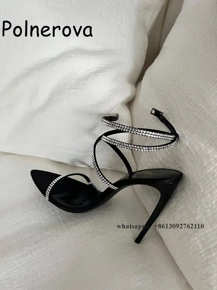 Rhinestone Chain One Word Belt Sandals Thin High Heels Buckle Open Toe Front Strap Women's Shoes Summer Party Sexy Luxury Shoes