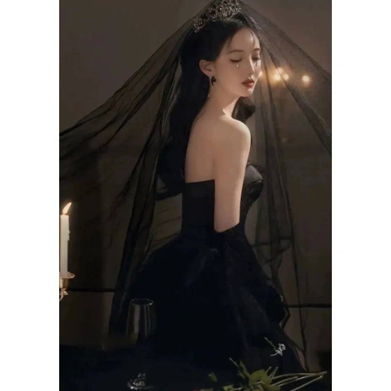 Gothic Black Tulle Prom Dresses Princess Sweetheart Satin Women Formal Evening Gowns Exposed Boning Night Party Dress Customized