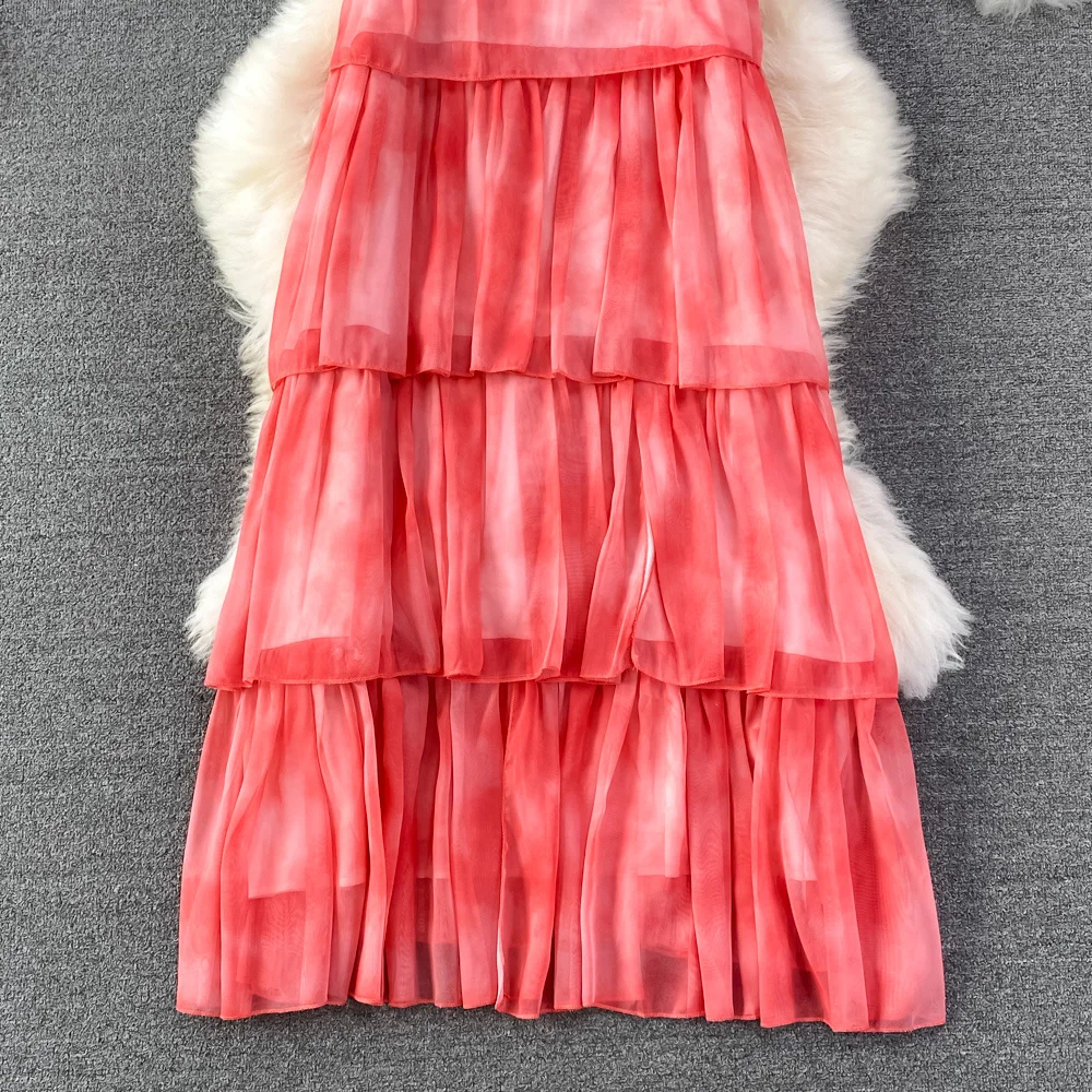 Holiday Boho Dress Seaside Beach Super Fairy Women Ruffles bretella Dress Girls Loose Pink Long pieghettato Holiday photo Dresses