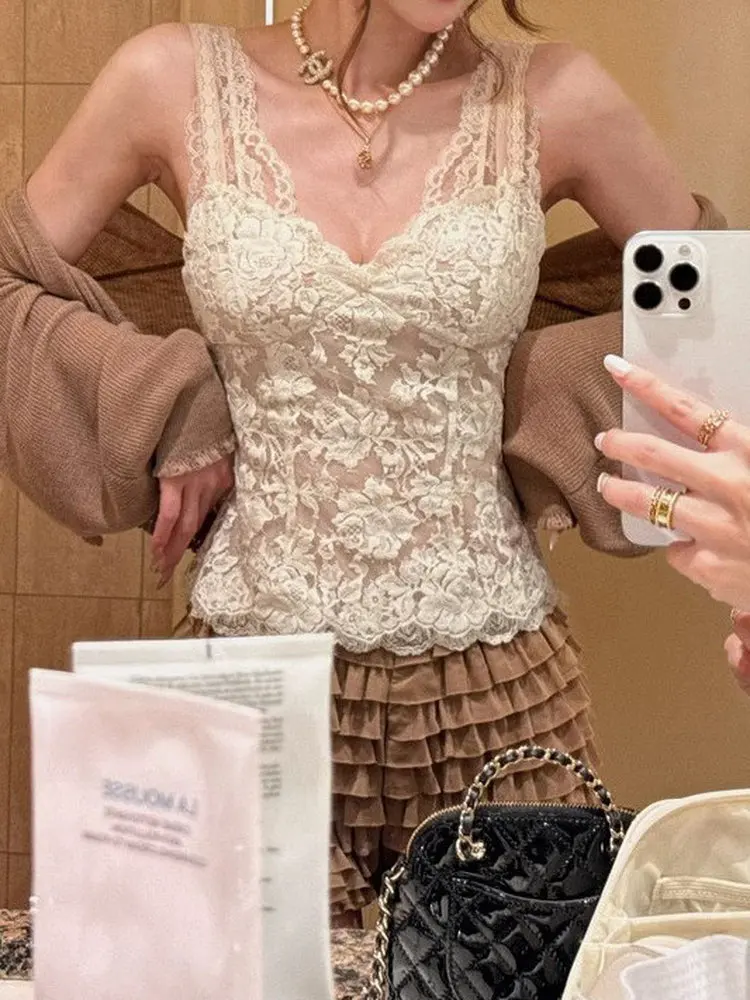 

Lace Trim ter Top Fem Summer No Sve Design Sensual Underwear Tank Top ort round Ne Plain Color Original Design