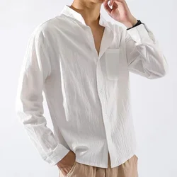 Shirts for Men White with Pocket Linen Man Shirt Elegant Original Fashion 2024 New in Cheap Brand Social Tops S Asia Casual Cool