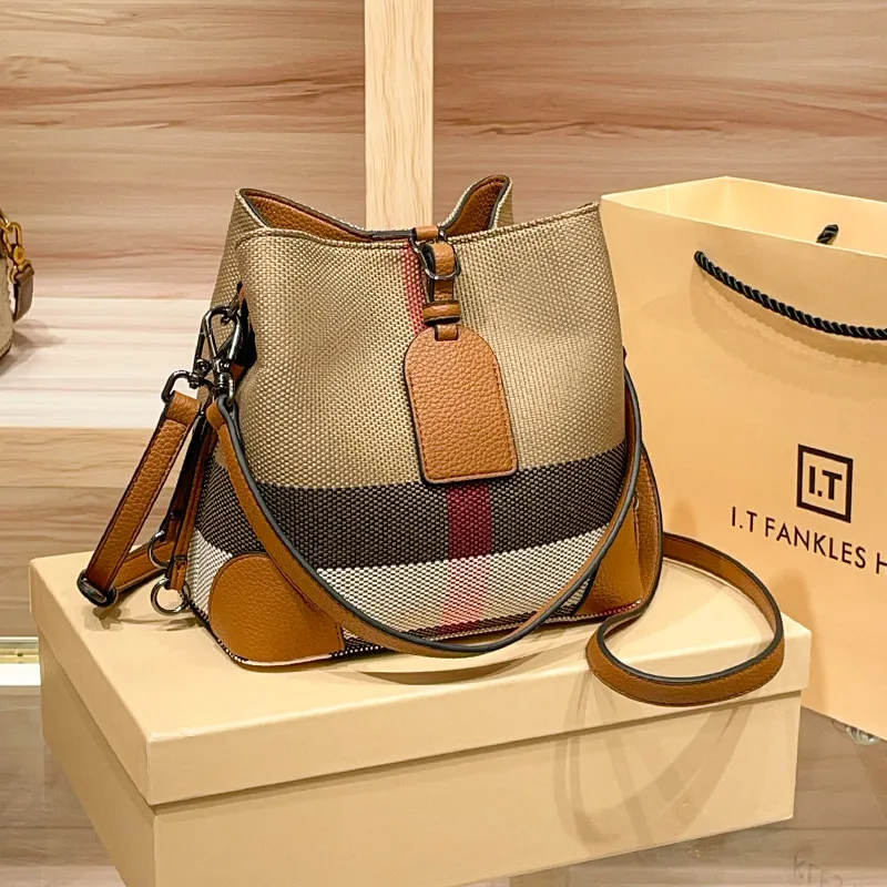 

2026 New Hong Kong Genuine Leather Plaid Bucket Bag,Luxury Winter Crossbody Satchel,Fashion Versatile Shoulder Purse for Women
