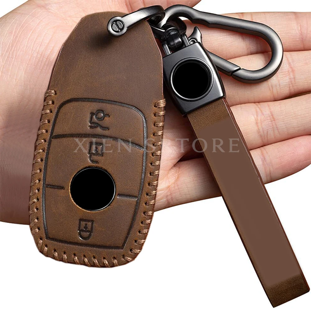 Retro Leather Car Remote Key Case Cover Fob Bag Chain For Mercedes-Benz E S Class W213 E200 2018 E260 A207 Accessories Styling