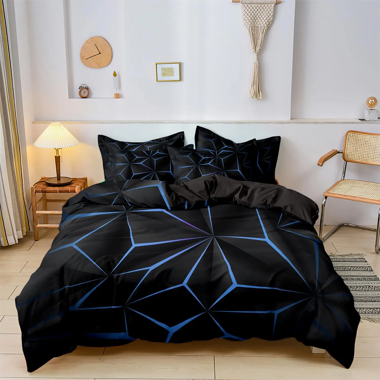 Duvet Cover Set Blue and Black Geometric Printed Comforter Cover Set Personalized SpaceThemed Plaid Bedding Set for Adult Kids