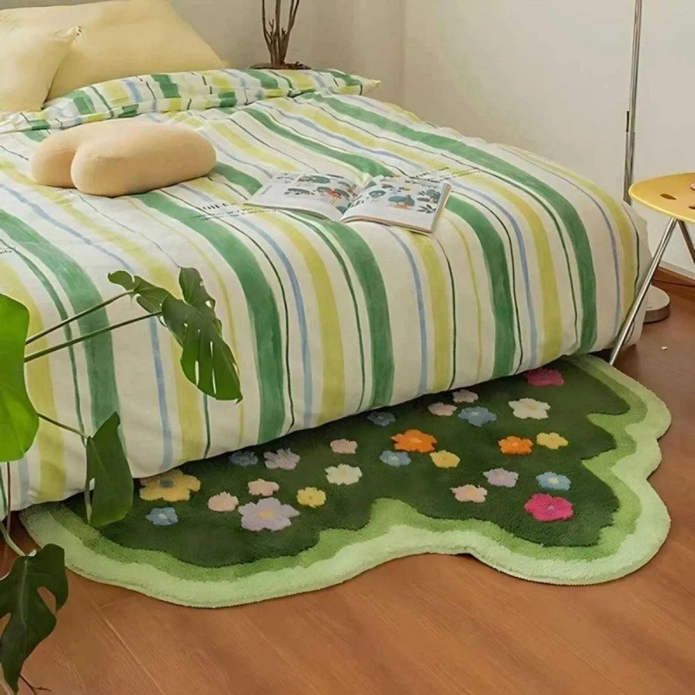 Modern Irregular Imitation Cashmere Carpet Non Slip Absorbent Green Moss Rug Flower Pattern Soft Decorative Floor Mats Kitchen
