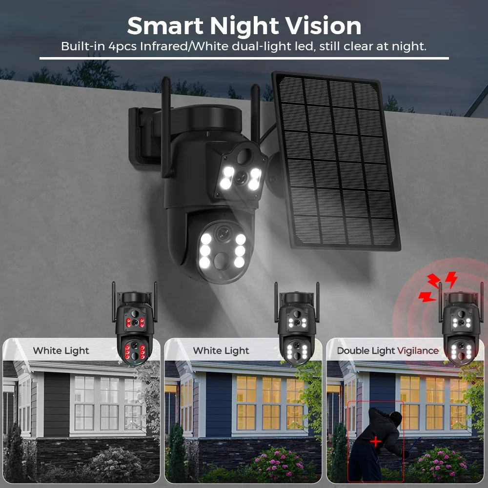 Caméra solaire WiFi double objectif double écrans 8MP 4K PIR détection humaine caméras de sécurité extérieures avec batterie caméra de Surveillance vidéo
