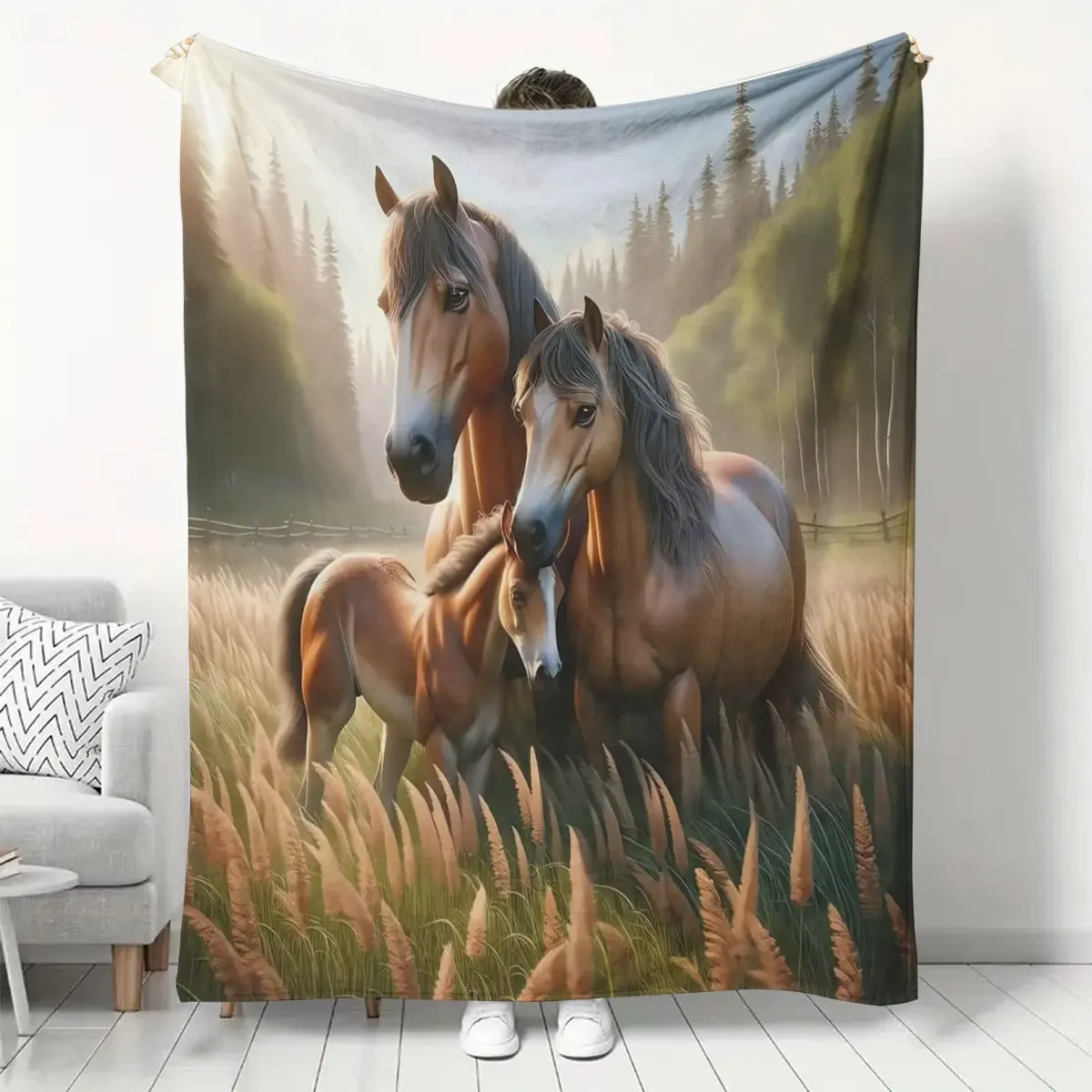 Horse Family Flannel Throw Blanket Warm Scene Of Three Brown Horses In Misty Grassland With Forest Background Vivid Animal Print
