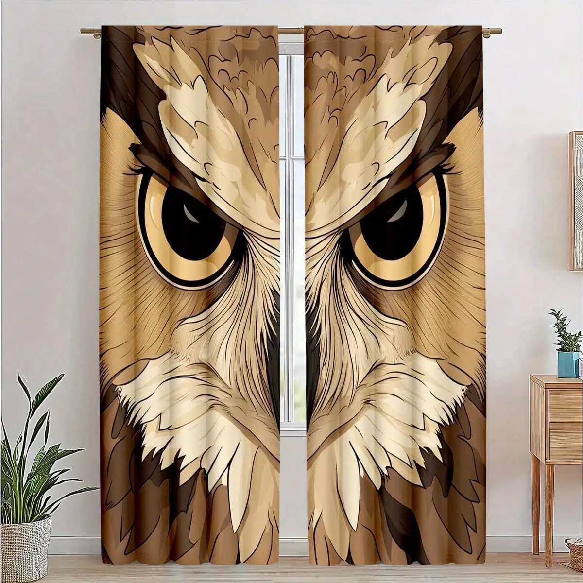 2pcs Traditional Crow Print Curtains, Semi-Transparent Polyester Woven Rod Bag Curtains, Suitable For Living Room And Bedroom