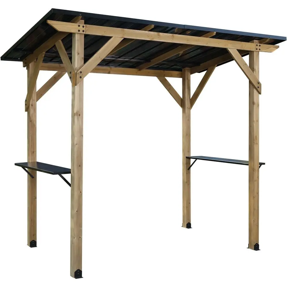 

8' x 5' Wooden Grill Gazebo, Outdoor BBQ Gazebo with Sloping Metal Roo and 2 Side Shelves, or Patio, Backyard, Lawn, Deck