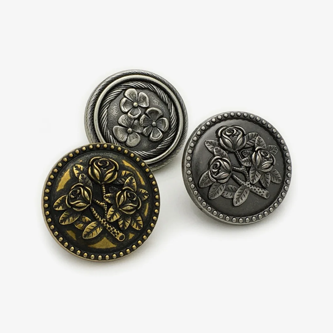 Antique Silver Rose Metal Buttons Vintage Flower Decorative Buttons Universal Fasteners for Overcoat Suit Blazer Jacket Clothing