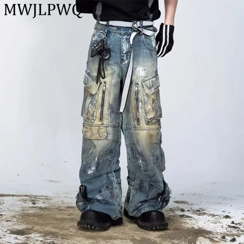 

Винтажные рабочие джинсы MWJLPWQ для мужчин, летние, в стиле High Street, с граффити, с множеством карманов, свободные, прямые, широкие, в пол, модель 14877