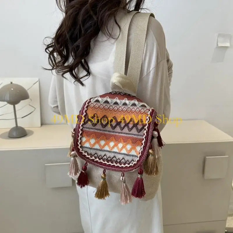 

49MD Ethnic Pack with Tassels Fashion Bookbags Versatile Backpack Double Strap Shoulder Bag Large Capacity Travel Bag