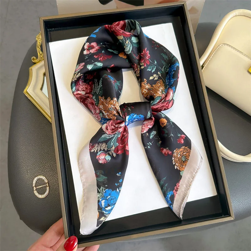 70*70cm Silk Square Scarf Women Soft Flowers Print Hairband Foulard Neckerchief Hijab Tie Bag Ribbon Headband Fashion Decoration