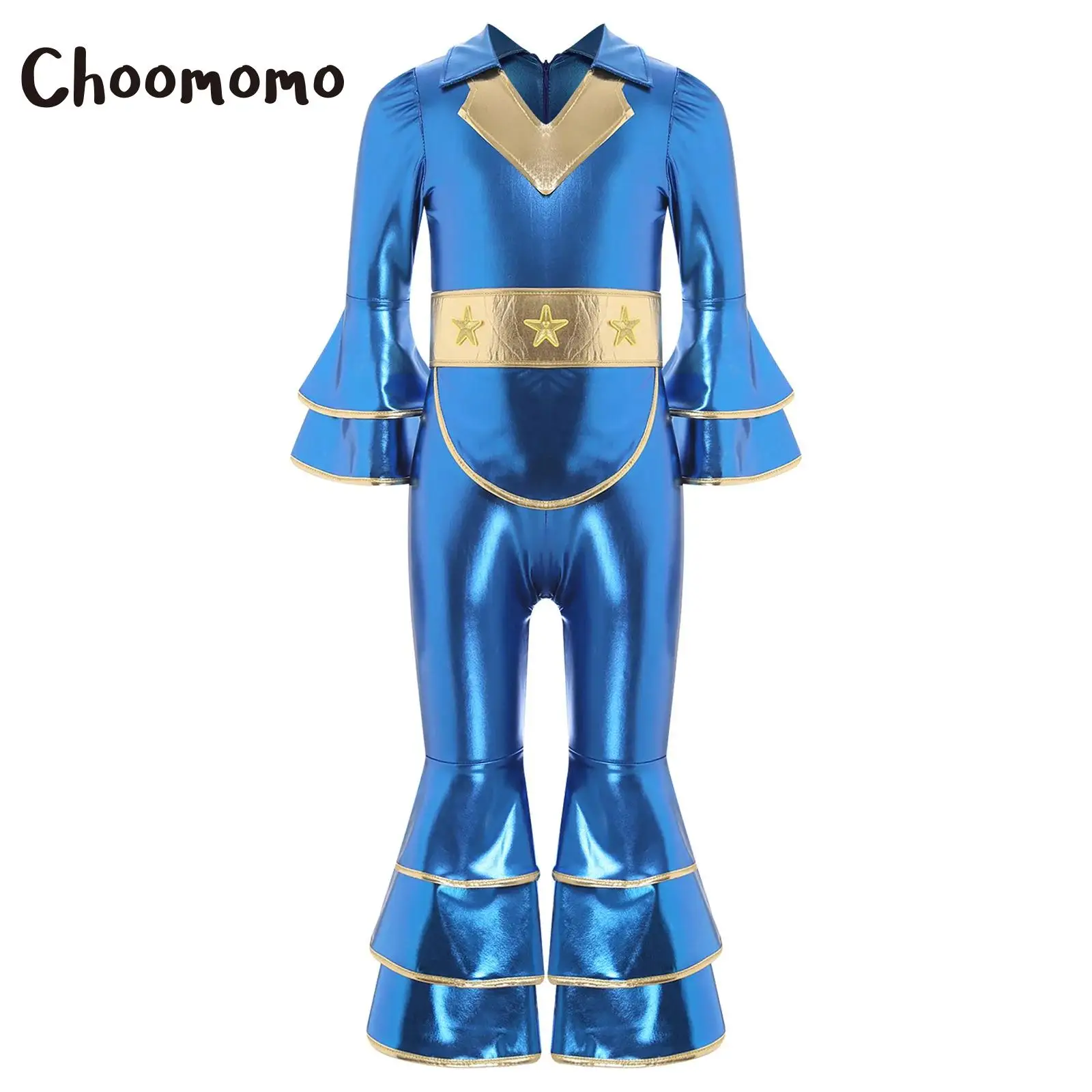 

Kids Girls Disco Costume Halloween Hippie Cosplay Jumpsuit Shiny Outfit with Layered Cuffs and Gold Belt Carnival Fancy Dress Up