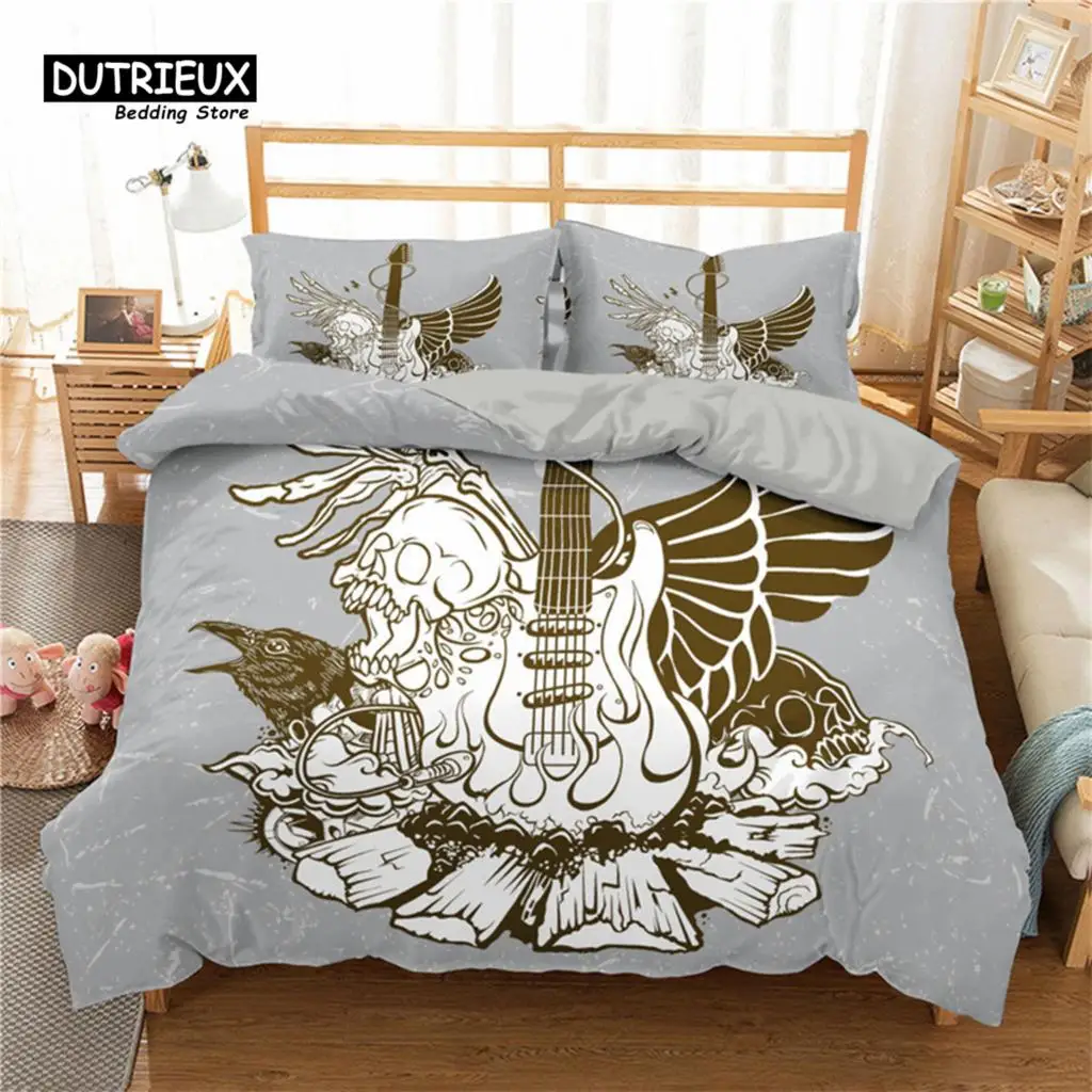 Vintage Guitar Duvet Cover Set Music Theme 2/3Pcs Bedding Set For Kids Teens Adult Microfiber Print Comforter Cover Pillowcase