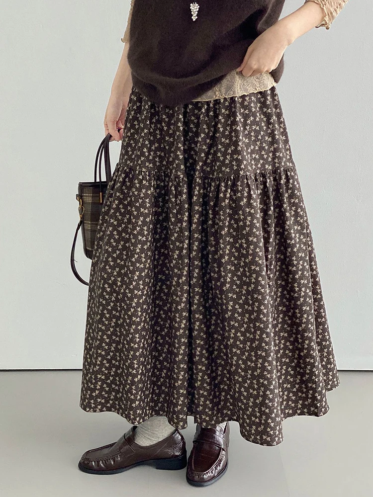High Elastic Waist Brown Pattern Printed Midi A-line Half-body Skirt Women Fashion Tide New Spring Autumn