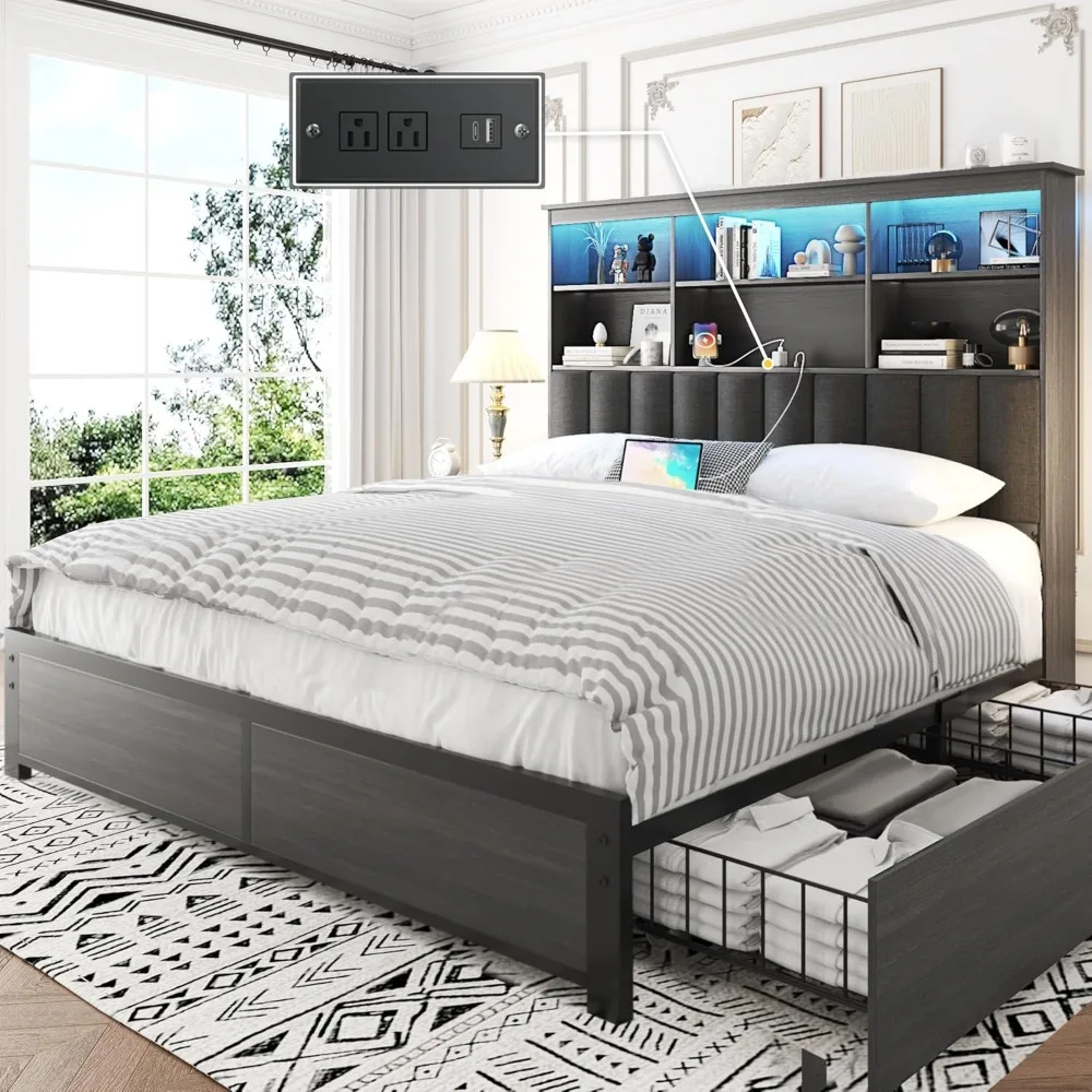 

Queen Bed Frame with High Storage Bookcase Headboard, 4 Storage Drawers & Charging Station