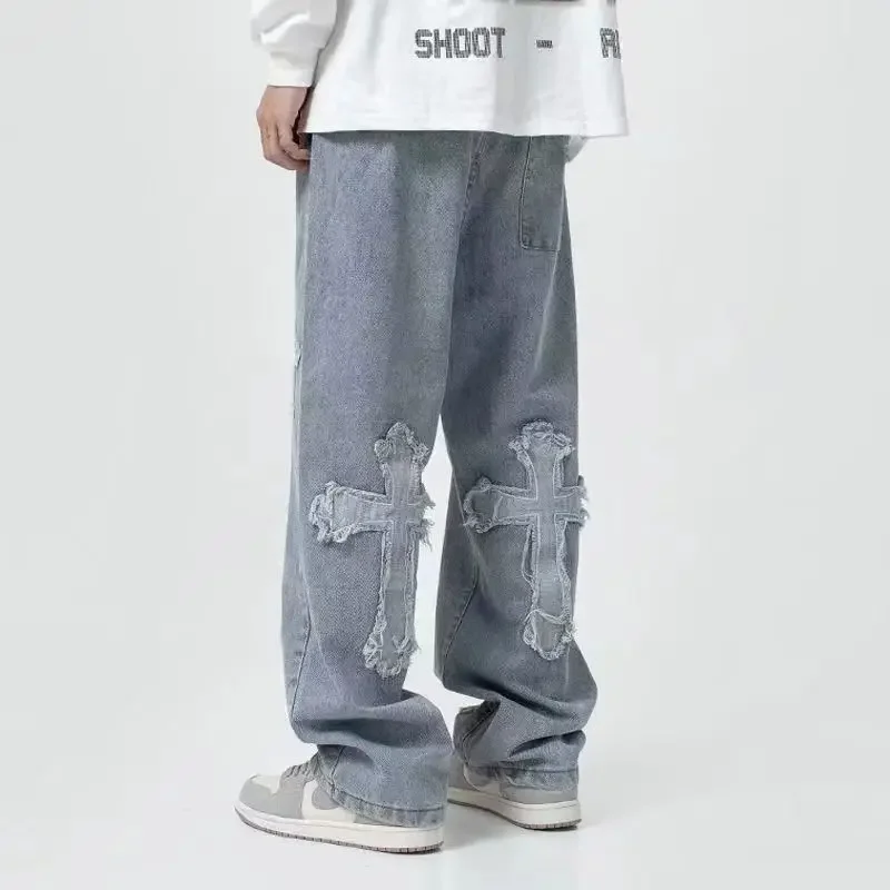 Streetwear Gothic Jeans Women Y2K High Waist Jeans Trousers Casual Cross Cargo Pants Korean Summer Straight Baggy Punk Clothes