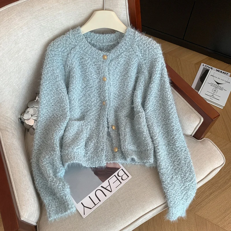 

Double pocket soft warm sweater women in autumn and winter lazy style thick fashion versatile knitted cardigan top