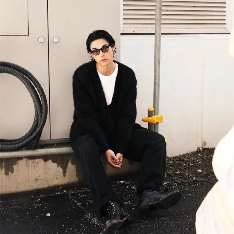 

Hot Sale Of The Season Autumn Winter Thickened Lazy Fashion Mink Knitted Open Cardigan Men's Loose Black Sweater Jacket V-neck W