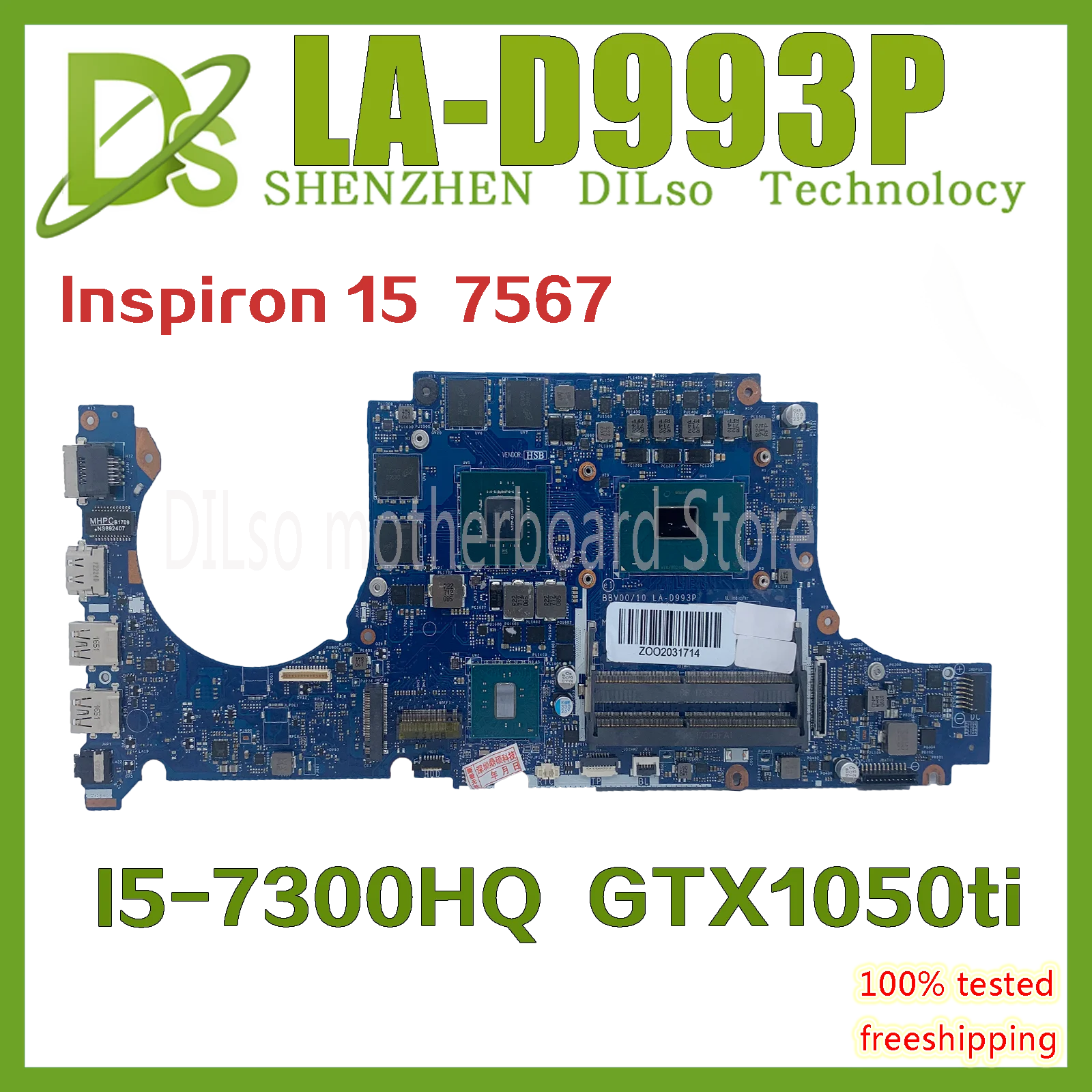 

Kefu LA-D993P For DELL Inspiron 15 7567 CN-0JG23N JG23N CN-0KD43Y KD43Y Laptop Motherboard With i5-7300HQ GTX1050ti 4G-100% Test