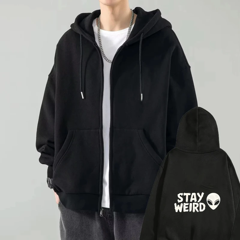 

Men's Hooded Jacket Black Stay Weird Alien Print Casual Streetwear for Daily Wear and Outdoor Activities