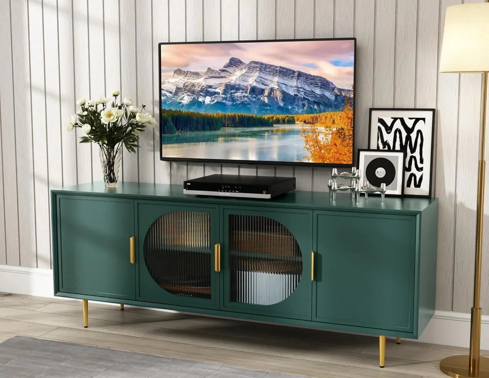 ARTPOWER Modern TV Stand for TVs up to 70+ inch, Glass Door Television Console Table with Gold Leg, Entertainment Center with