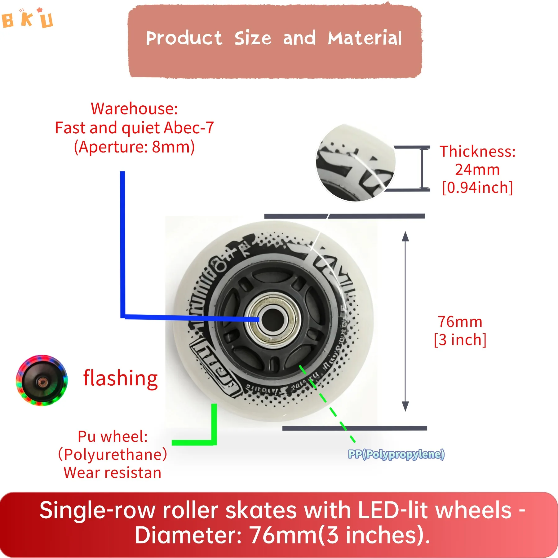 Колеса премиум-класса со светодиодной подсветкой 76 мм (3 дюйма) для роликовых коньков — подшипники ABEC-7, 2/4/8 варианта упаковки