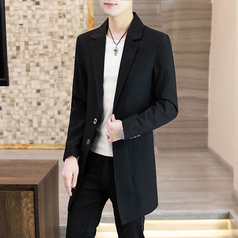 

Men's Sli Mid-Length Suit Jaet Trendy Pure Color Casual Faionable Windbreaker Spring Autumn New Korean Version