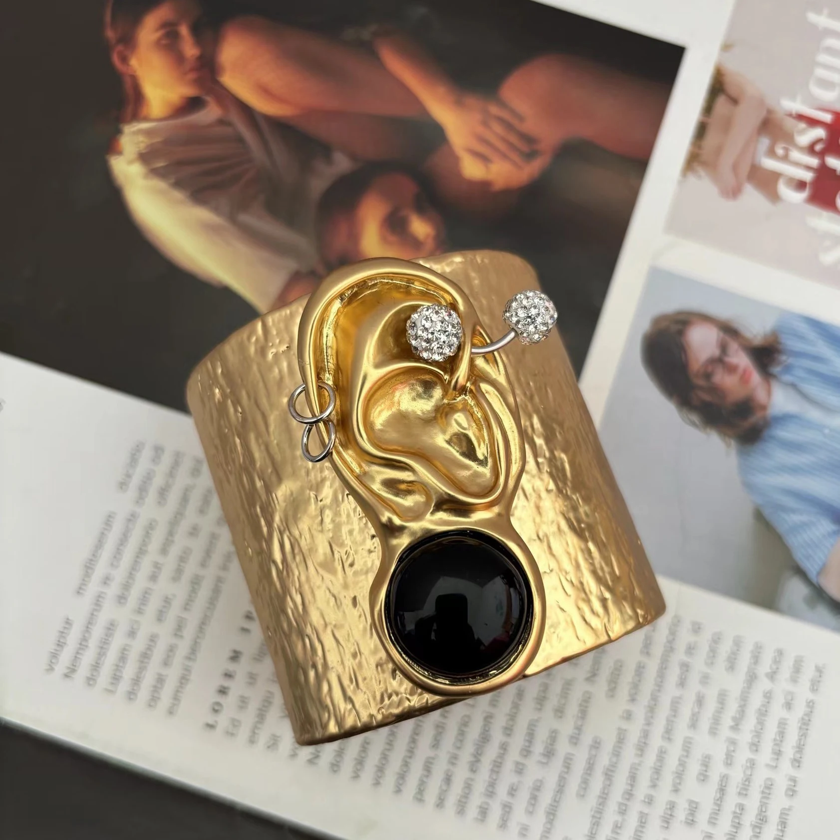 Europe Designer Facial Features Ears Black Agate Brass Gold Plated Wide Bracelet Women Top Quality Jewelry Trend