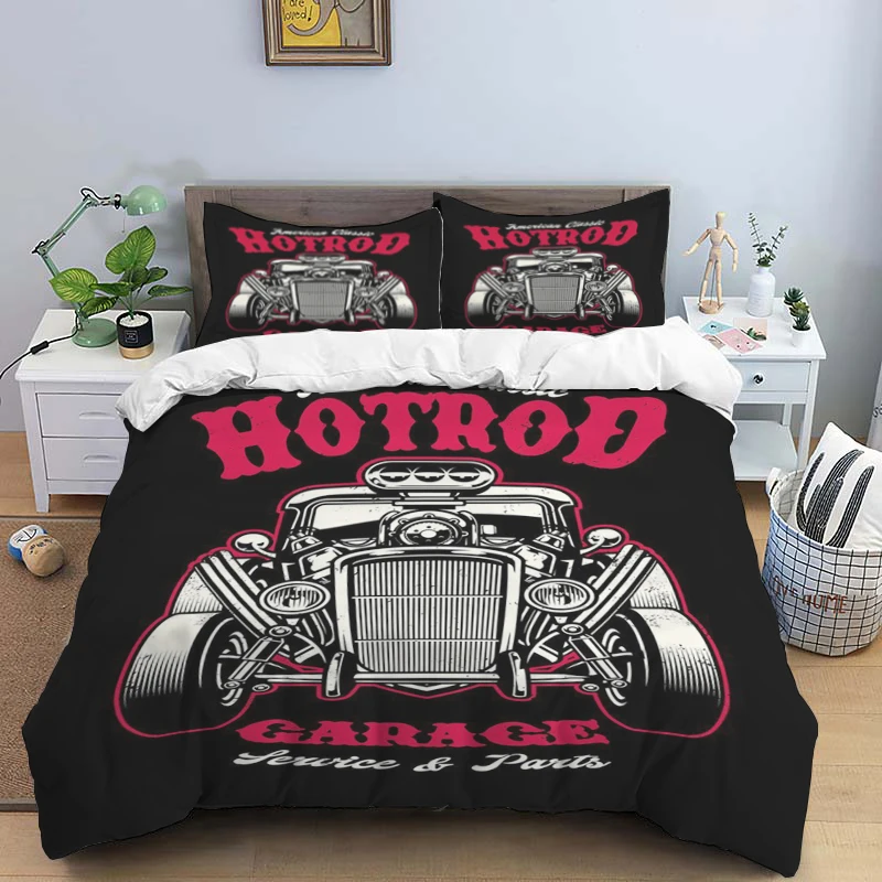 V-vintage Car Fashion Trendy Print Three-piece Set Suitable for Kids or Adults Quilt Cover Pillowcase Bedding Set Birthday Gift